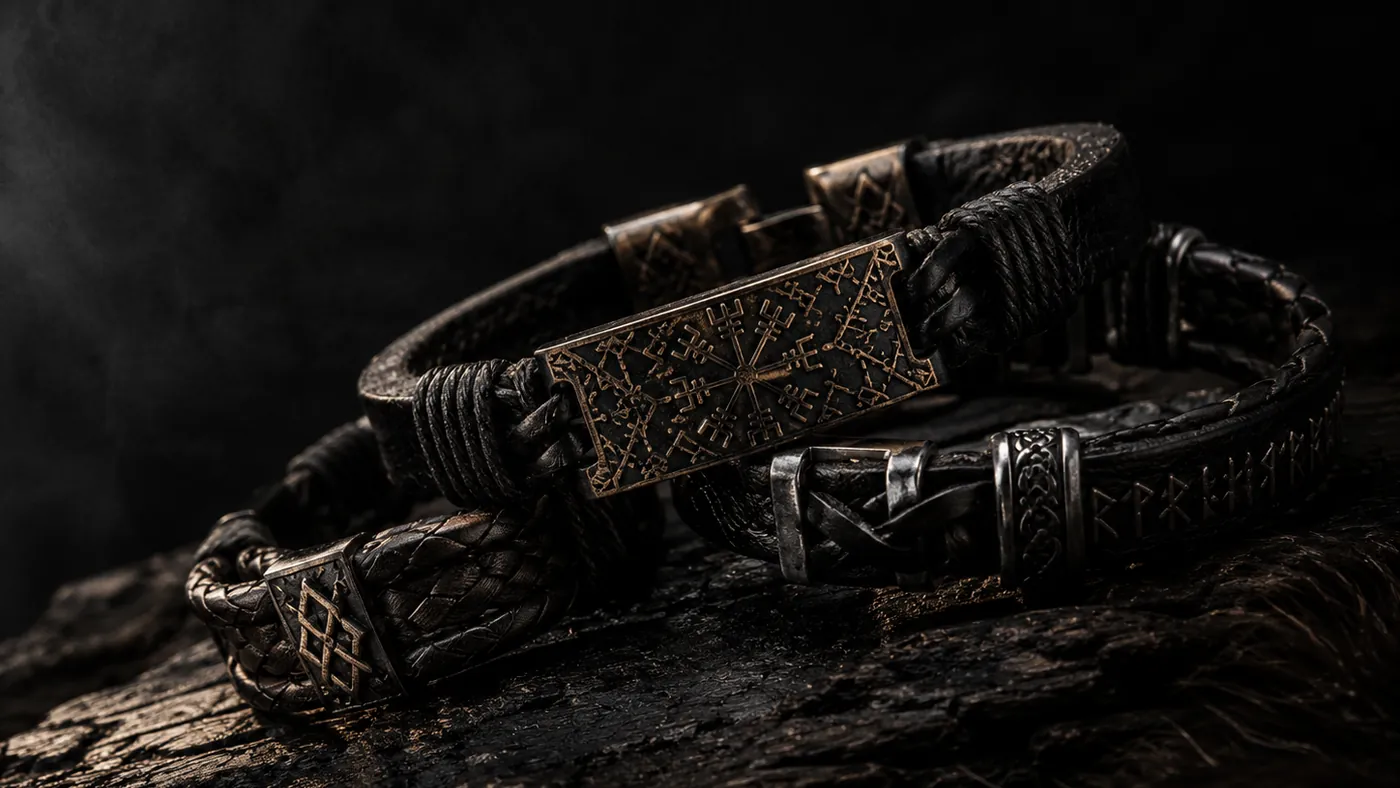 Nordiska armband i mörkt läder och stål med graverade detaljer