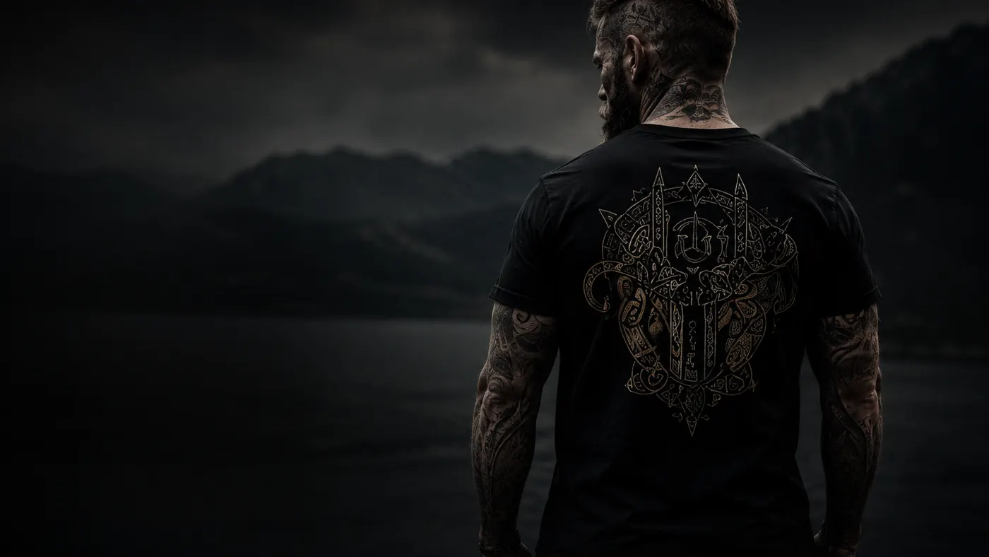 Man med mörk T-shirt med nordiskt tryck