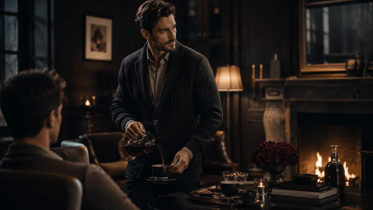 Gentleman serverar kaffe i elegant miljö som exempel på gott värdskap