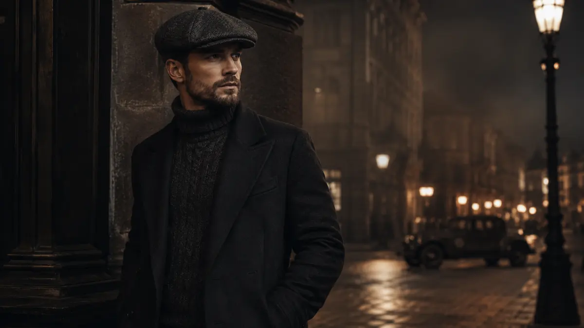 Man i Gatsby-keps och mörk ullrock i klassisk brittisk herrstil på en stämningsfull stadsgata