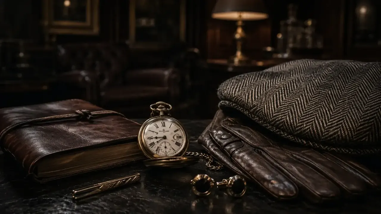 Klassiska gentlemanaccessoarer med Gatsby-keps, fickur och läderdetaljer
