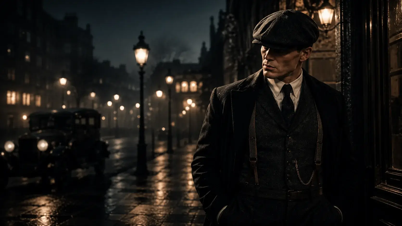 Elegant gentleman i mörk rock, väst och Gatsby-keps på en regnvåt brittisk stadsgata med lysande gatlykta