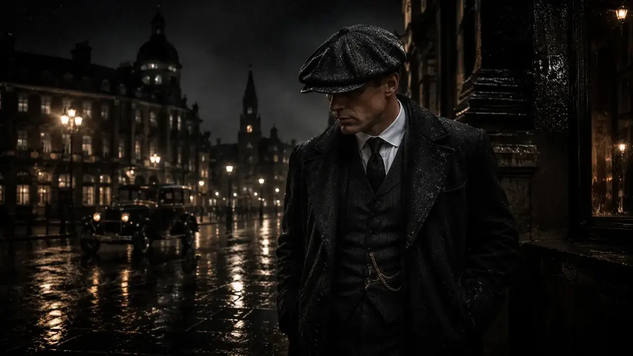 Gentleman i Gatsby-keps och mörk kostym på en regnig stadsgata med klassisk atmosfär