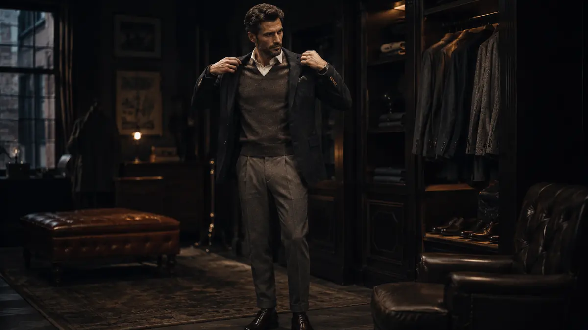 Man provar en klassisk outfit i en elegant garderob med fokus på tidlös herrstil och passform