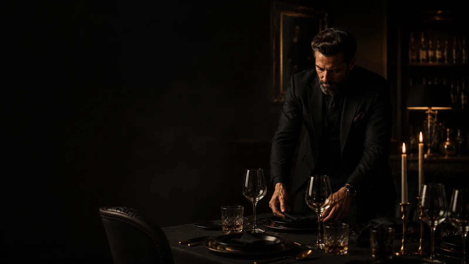 Gentleman förbereder elegant middagsdukning med levande ljus för Zavalls guide om värdskap