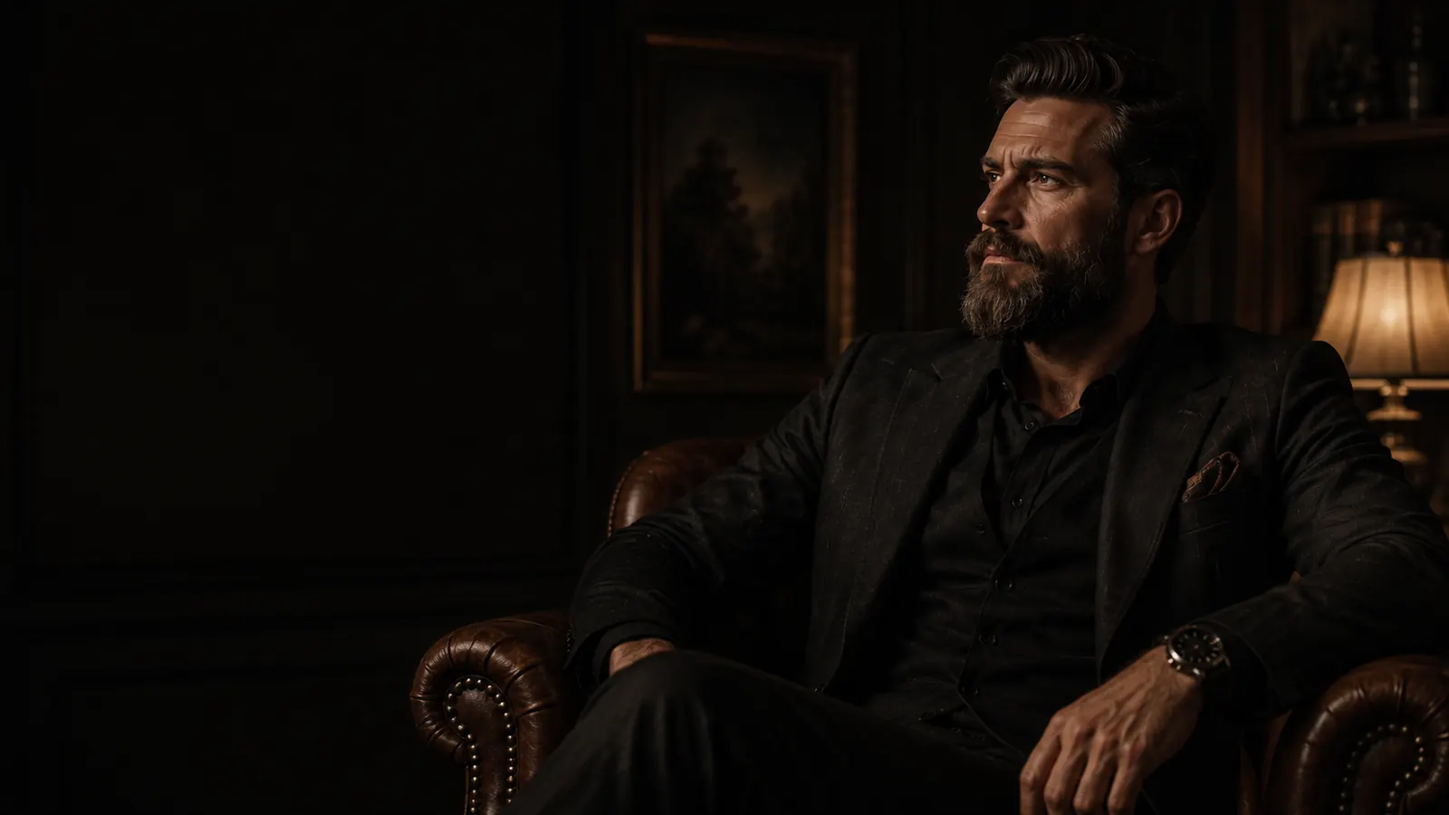 Elegant gentleman i mörk miljö för sidan Vanliga frågor hos Zavall Black Label