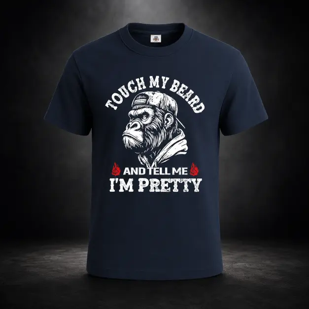 Darkwear / Touch My Beard – rockig T-shirt från Zavall & Beard med Mörkblå t-shirt med gorillamotiv, skägg och humoristisk text Touch My Beard and Tell Me I'm Pretty
