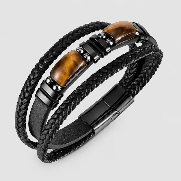 Svart Läderarmband Från Ateielli Med Tigeröga – rockig T-shirt från Zavall & Beard